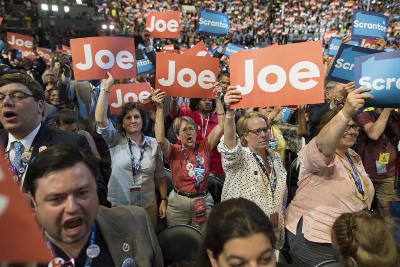 Delegates cheer VP Joe Biden during Day three of the Democratic National Convention at Wells Fargo Center in Philadelphia, Pa., on July 27, 2016. Hillary Clinton claimed the Democratic Party's nomination for president. File photo by Pete Marovich/UPI