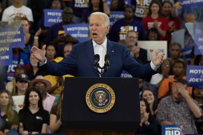 President Joe Biden addresses supporters during a campaign rally at Renaissance High School in Detroit on Friday. Photo by Rena Laverty/UPI