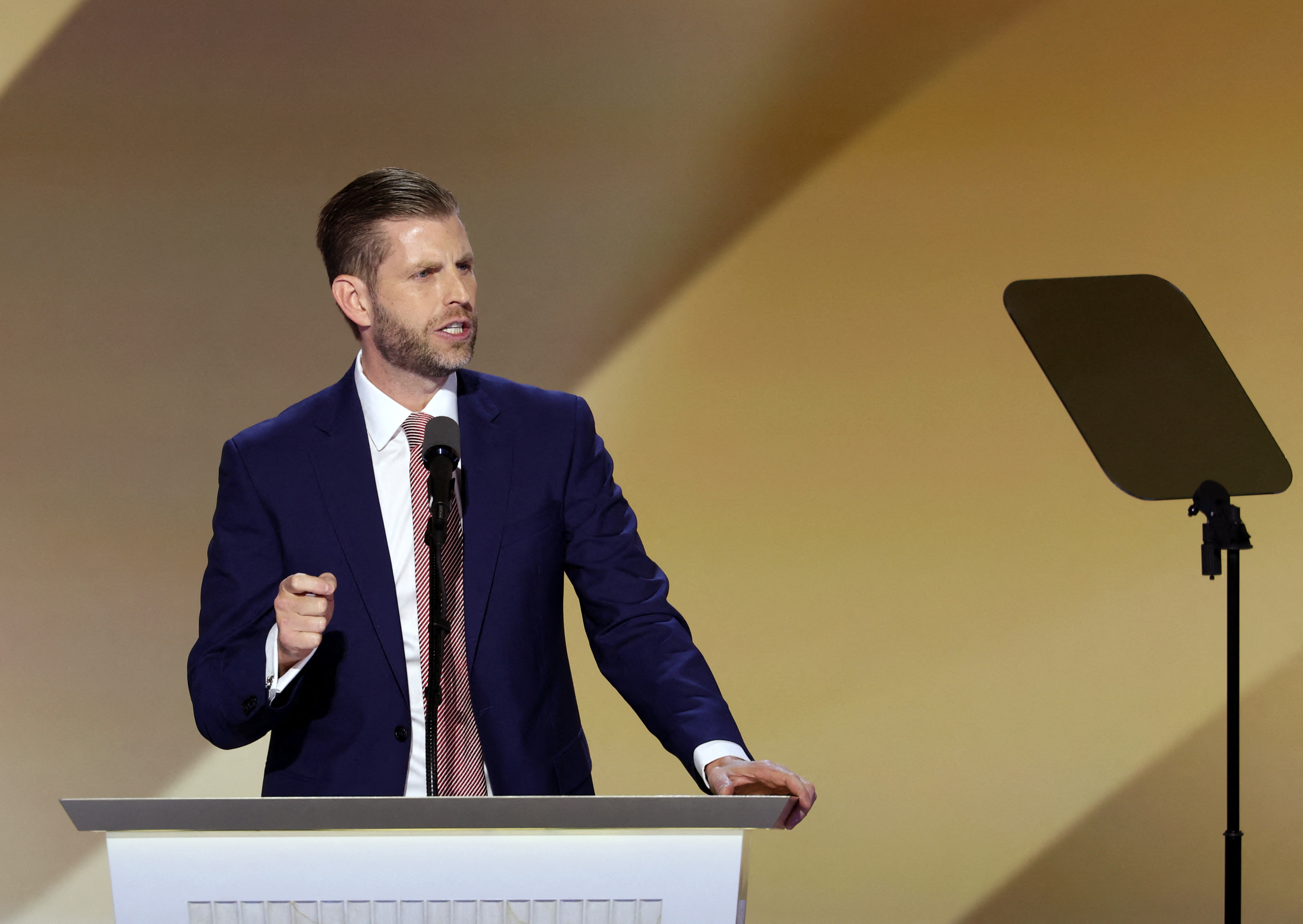 Eric Trump speaks on Day 4 of the Republican National Convention (RNC), at the Fiserv Forum