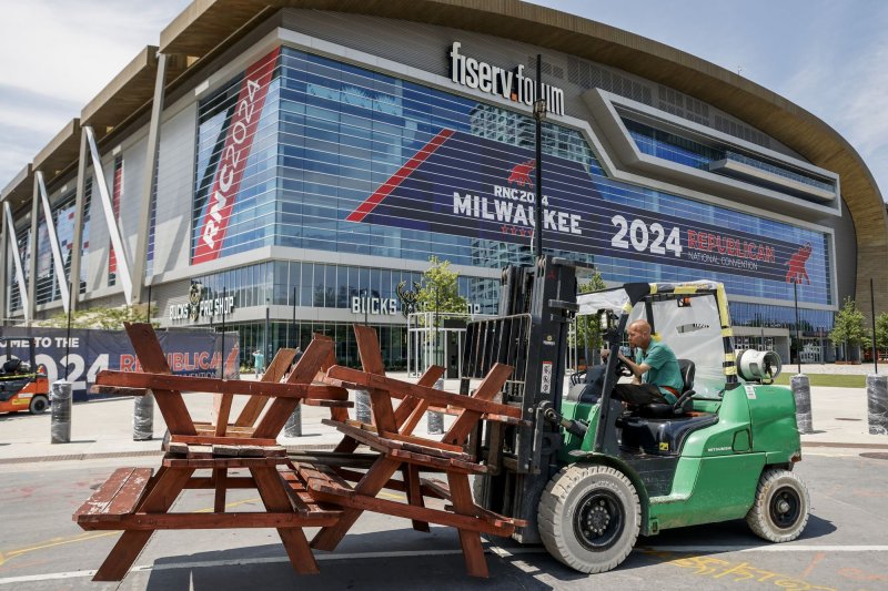 Fiserv Forum is decorated for the upcoming 2024 Republican National Convention in Milwaukee, Wisconsin on July 10. Former President Donald Trump arrived in Milwaukee on Sunday. Photo by Tannen Maury/UPI