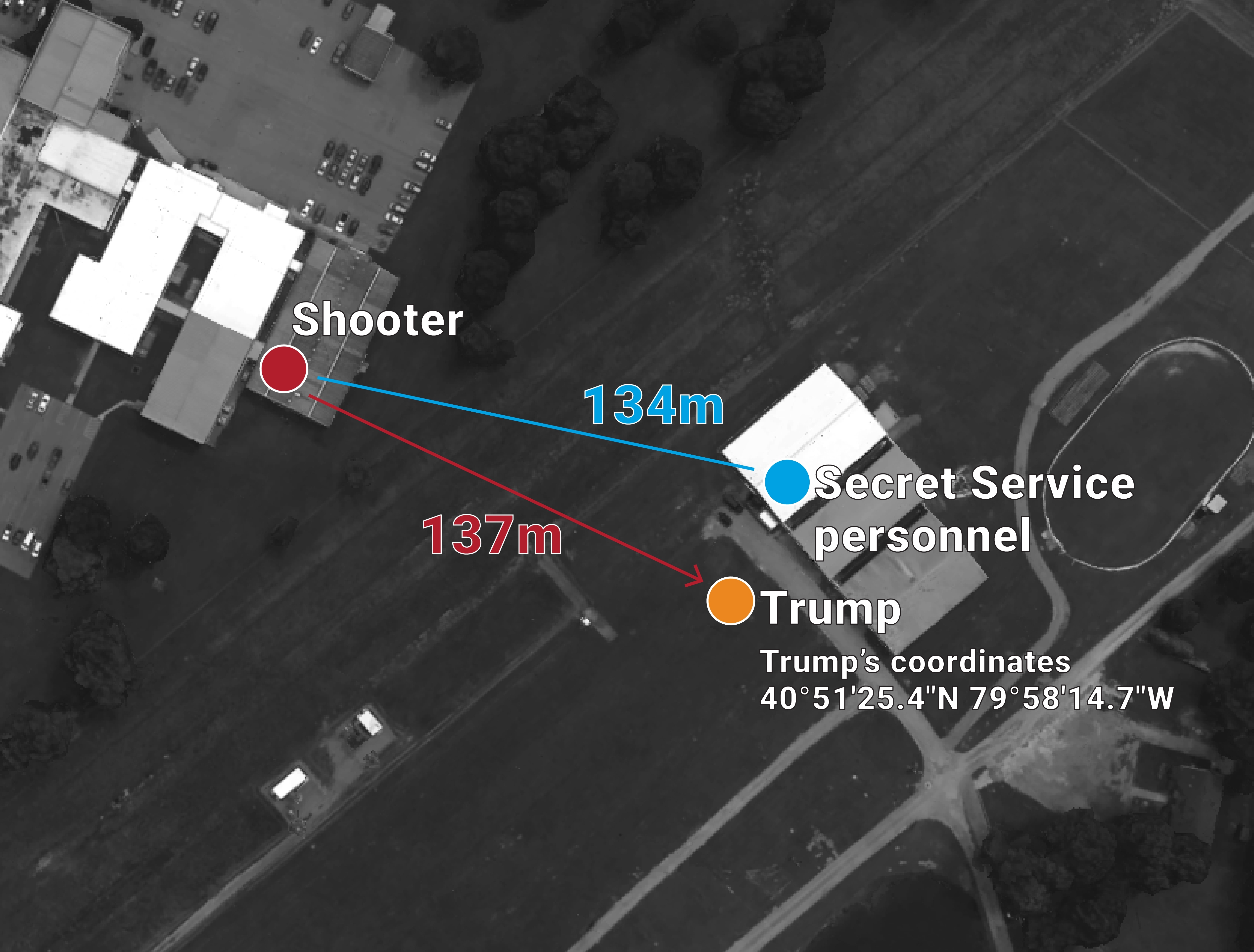 A map showing how close the suspected shooter got to Trump's rally