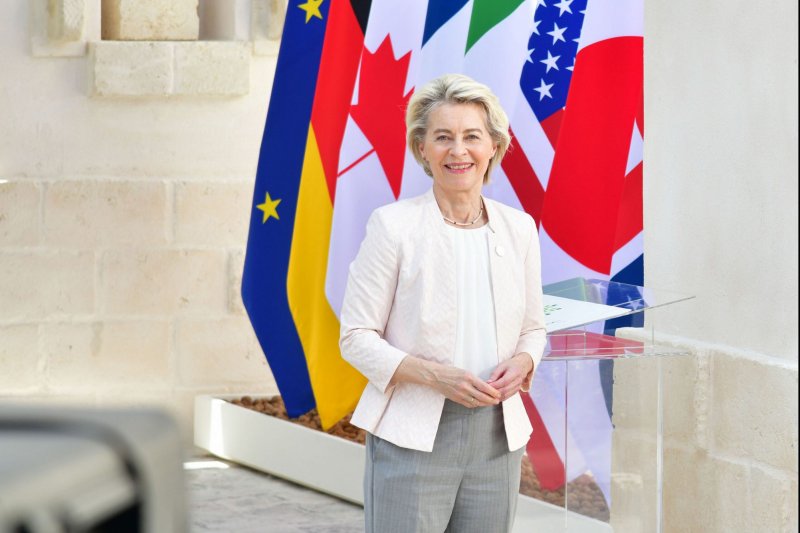 The European Union Friday transferred $1.6 billion in profits from frozen Russian Central Bank assets to Ukraine. EU Commission President Ursula von der Leyen declared that the EU stands with Ukraine. The money, the first of multiple transfers expected, will go to Ukraine's military defense and reconstruction. File photo G7/UPI