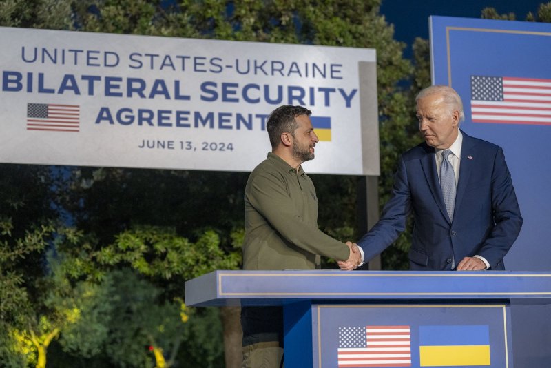 Ukrainian President Volodymyr Zelenskyy (L) and U.S. President Joe Biden hold a joint press conference on the sidelines of the G7 Summit hosted by Italy in Apulia region, in Savelletri, in June. On Thursday, the Government Accountability Office said it found an additional $2 billion that can go to Ukraine's defense. File Photo by US Embassy in Italy/UPI