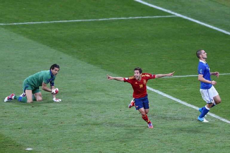 KIEV, UKRAINE - JULY 01: Jordi Alba (C) of Spain celebrates scoring their second goal during the UEFA EURO 2012 final match between Spain and Italy at the Olympic Stadium on July 1, 2012 in Kiev, Ukraine. (Photo by Michael Steele/Getty Images)