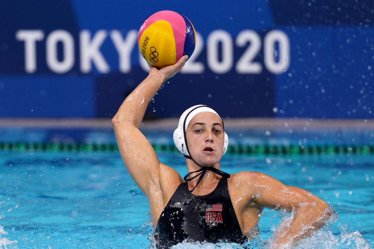 U.S. water polo player Maggie Steffens competes during the Tokyo Olympics.