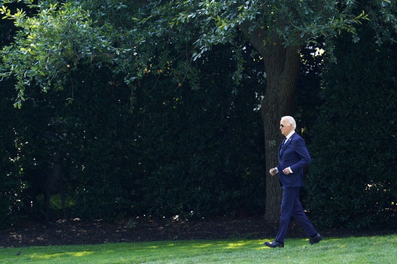 President Joe Biden walks to board Marine One helicopter on the South Lawn of the White House in Washington on Monday. Biden sat down with NBC News Anchor Lester Holt for an interview on Monday, as well. Photo by Yuri Gripas/UPI