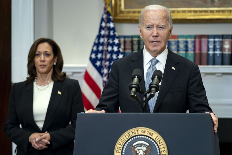 President Joe Biden delivers remarks as Vice President Kamala Harris look on after former President Donald Trump was injured following a shooting at a July 13 election rally in Pennsylvania in the Roosevelt Room of the White House on July 14. Photo by Bonnie Cash/UPI