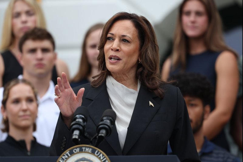 Vice President Kamala Harris speaks on the South Lawn of the White House in Washington on Monday. Photo by Ting Shen/UPI