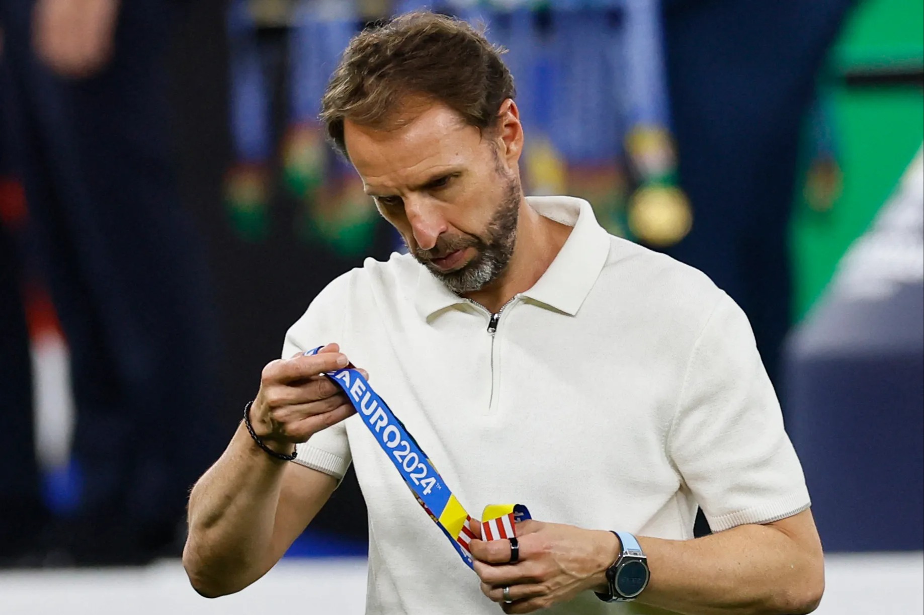 England manager Gareth Southgate looks dejected after collecting his runners up medal