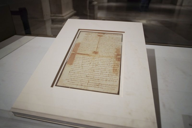 A rare historic copy of the Declaration of Independence written in Thomas Jefferson's hand is on display at the New York Public Library on July 2, 2019. On July 4, 1776, the Continental Congress adopted the Declaration of Independence, proclaiming U.S. independence from Britain. File Photo by John Angelillo/UPI