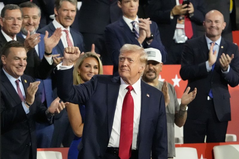 Former President Donald Trump arrives at the 2024 Republican National Convention at Fiserv Forum in Milwaukee on Thursday. The theme of the final day is Make America Great Once Again. Photo by David Banks/UPI