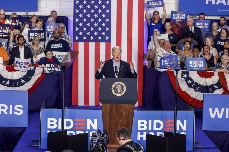 President Joe Biden delivers a campaign speech where he announced that he will remain in the race at Sherman Middle School in Madison, Wis., on Friday. Photo by Tannen Maury/UPI