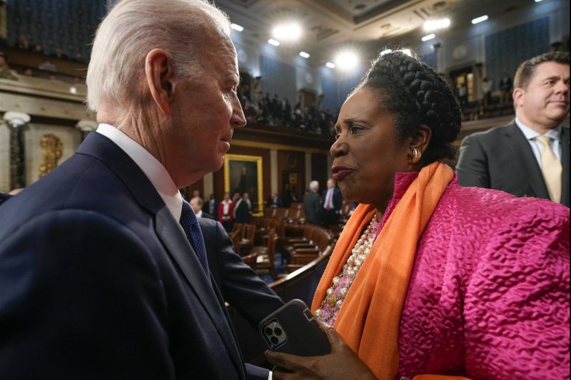 President Joe Biden talks with Rep. Sheila Jackson Lee, D-Texas, after the State of the Union address to a joint session of Congress at the Capitol, on February 7, 2023. Pool photo by Jacquelyn Martin/UPI