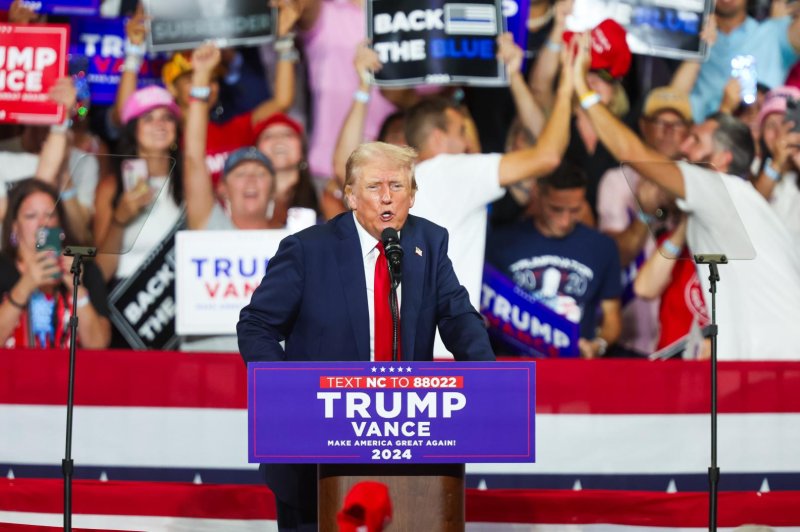 Former President, and Republican presidential nominee, Donald J. Trump ramps up attacks on Vice President Kamala Harris on Wednesday during a campaign rally at Bojangles Coliseum in Charlotte, North Carolina. Photo by David Jensen/EPA-EFE