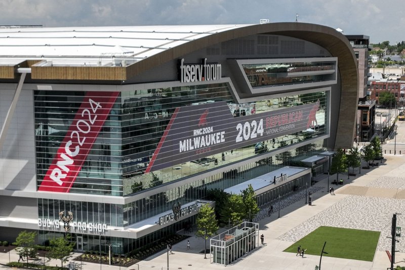 Fiserv Forum in Milwaukee is decorated for the upcoming 2024 Republican National Convention from July 15-to 8, where Donald Trump is expected to announce his running mate. Photo by Tannen Maury/UPI
