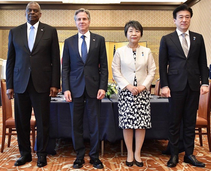 Japan and the United States on Sunday took steps to deepen their military alliance. From left to right, U.S. Secretary of Defense Lloyd Austin, U.S. Secretary of State Antony Blinken, Foreign Minister Kamikawa Yoko of Japan and Defense Minister Minoru Kihara of Japan. Photo courtesy of Japan Ministry of Defense/X