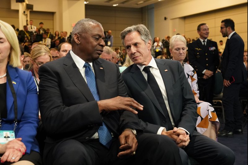 Secretary of Defense Lloyd Austin III (L) and Secretary of State Antony Blinken agreed the United States will help the Philippines improve their defensive capabilities. File Photo by Chris Kleponis/UPI