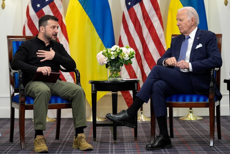 U.S. President Joe Biden (R) listens to Ukraine's President Volodymyr Zelensky as they hold a bilateral meeting at the Intercontinental Hotel in Paris, on June 7, 2024. On Monday, the United States unveiled a $1.7 billion worth of weaponry for Ukraine. File Photo by U.s. Embassy France/UPI