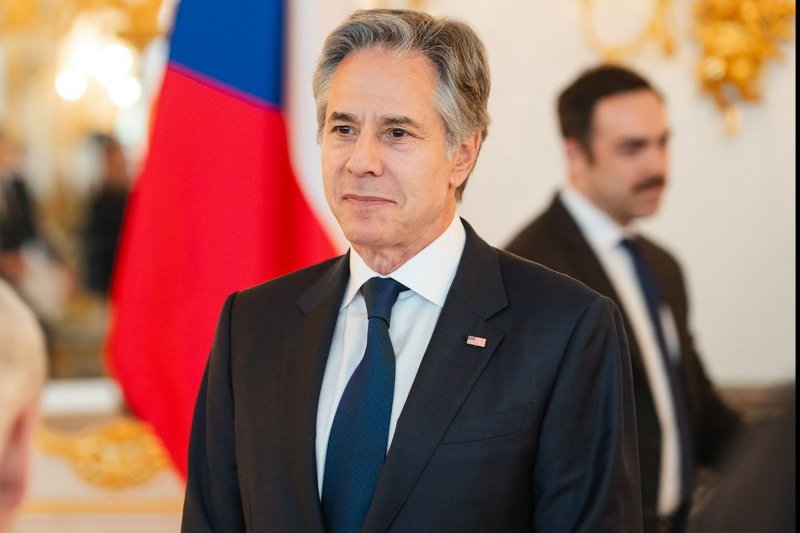 Secretary of State Antony Blinken arrives to address the media before a meeting of NATO foreign ministers at the Czernin Palace, in Prague, Czech Republic, on May 31. Photo by NATO Presse/ UPI