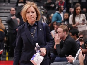 Heather Reisman takes her seat as the Toronto Raptors take on the Miami Heat in NBA basketball action in Toronto on Wednesday, Dec. 6, 2023. Reisman says she made the wrong decision in stepping back from the helm of Canada's biggest bookstore chain.