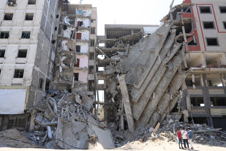 view of the remains of the National Islamic Bank in the Remal neighborhood, after it was destroyed by the Israeli army in October 2023, during the invasion of Gaza City