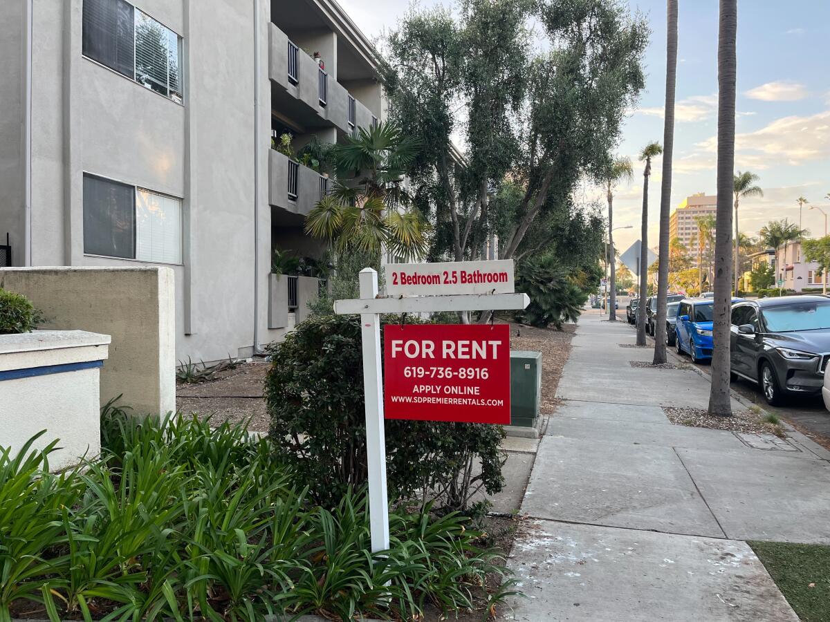 A sign advertising an apartment for rent in Bankers Hill in mid-August.