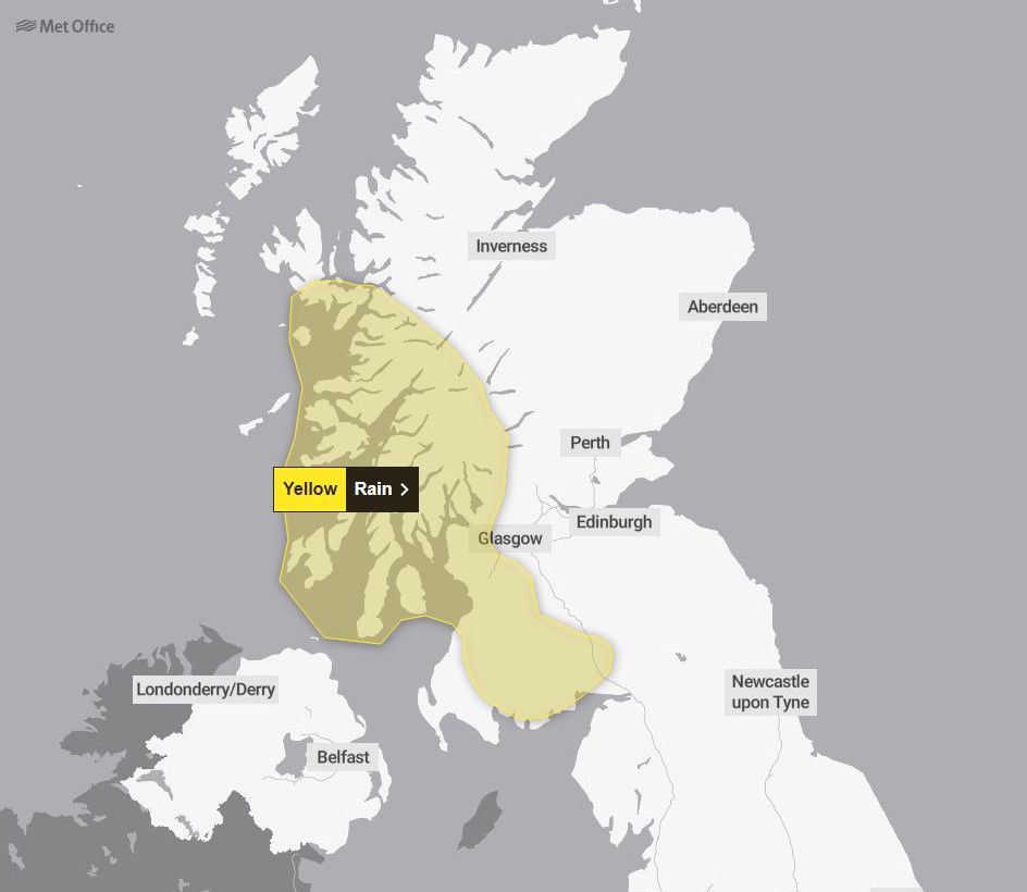 A yellow rain warning is in force for western Scotland