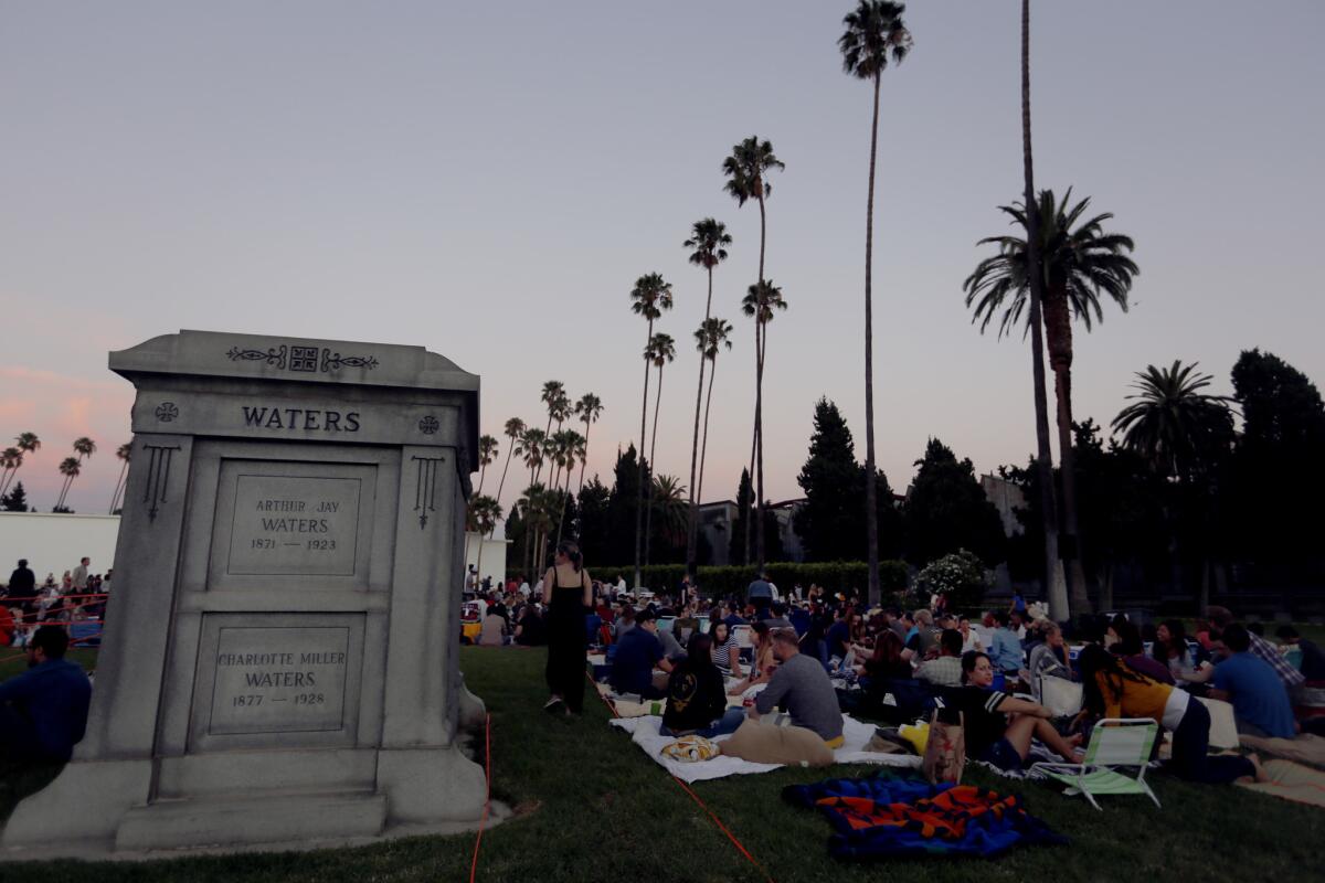 Crowds settle in for a Cinespia event at the Hollywood Forever Cemetery.