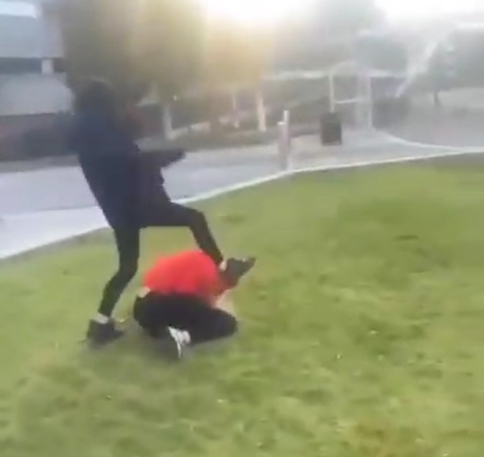 Another video shows a girl being knocked to the ground and kicked in the head