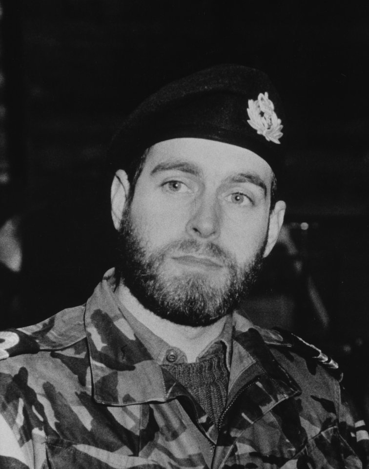 Prince Andrew in uniform with a beard in the Falkland Islands in 1985