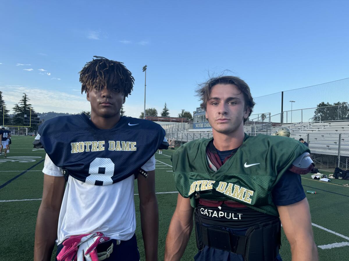 Junior receiver Luc Weaver (left) and senior quarterback Steele Pizzella of Sherman Oaks Notre Dame.