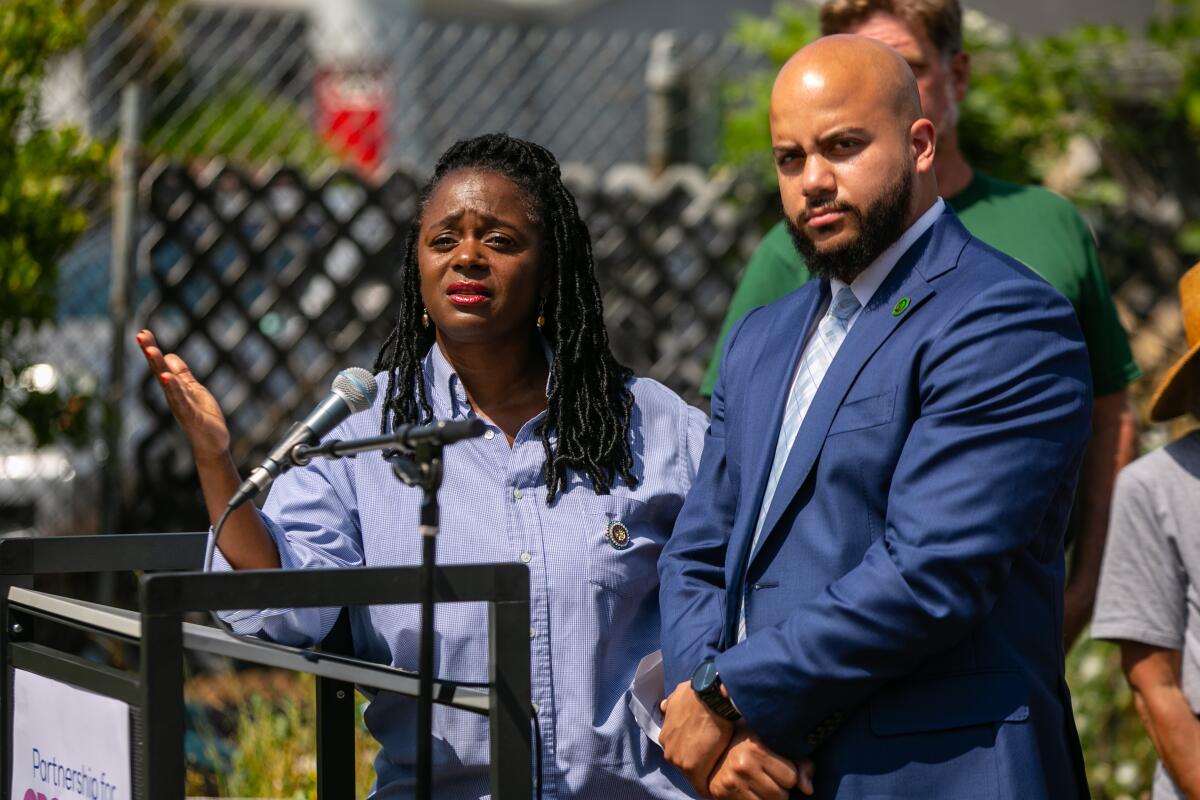 state Senator Lola Smallwood-Cuevas and Assemblymember Isaac Bryan answer questions at press conference