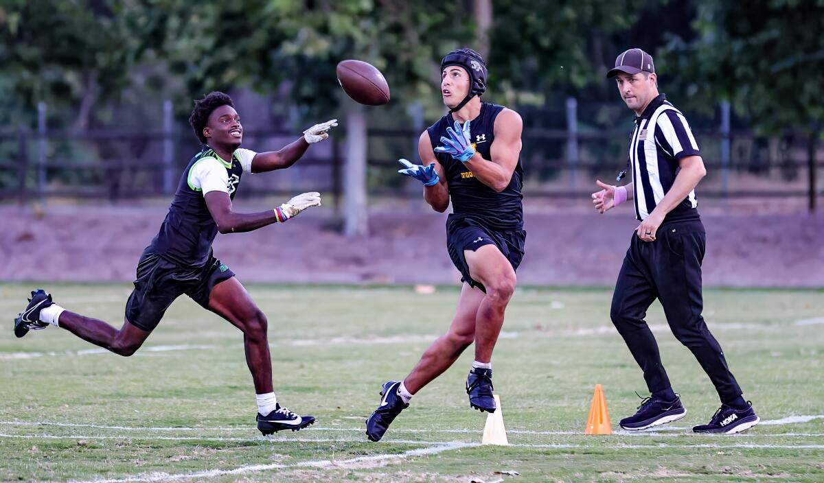 Shane Rosenthal of Newbury Park makes a catch during a summer seven-on-seven competition.