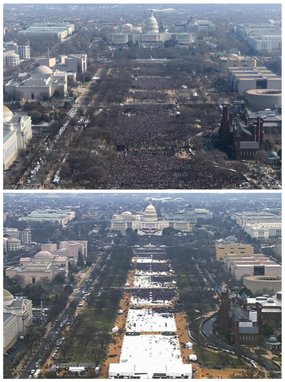 2 aerial photos of the National Mall in Washington, one showing it packed with a huge crowd, the other with far fewer people