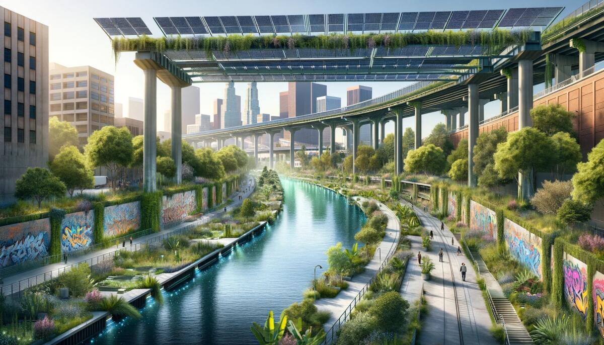 In an rendering done using artificial intelligence, people stroll near a waterway in an area with plants of various types.