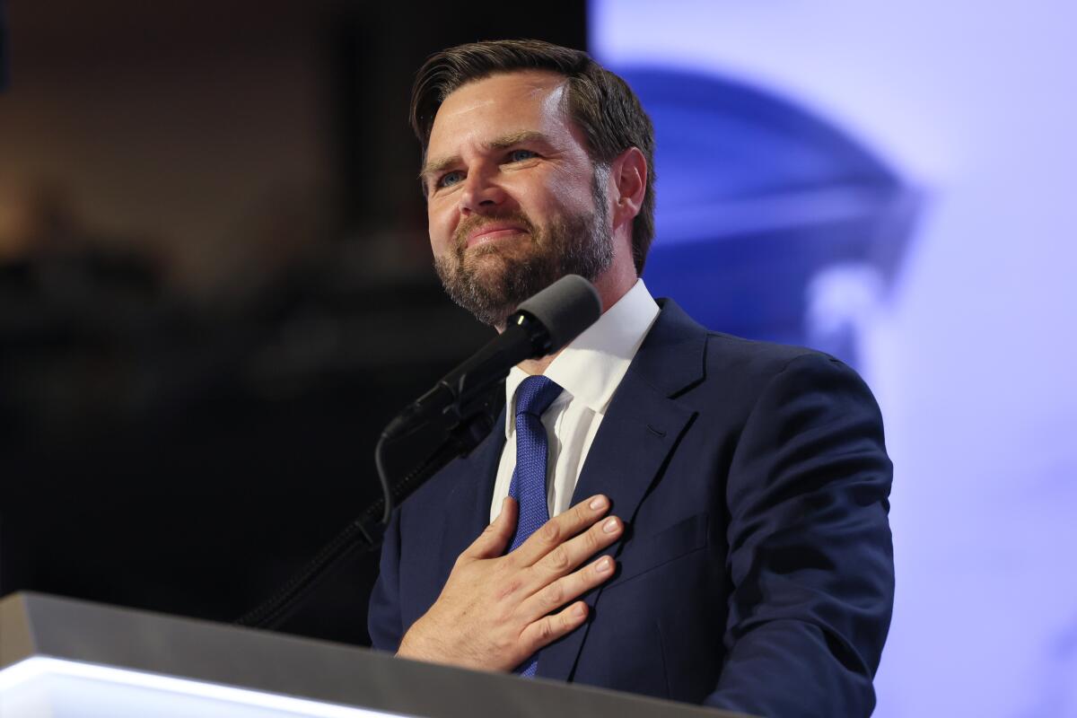 Vice presidential candidate JD Vance on stage during day three of the Republican National Convention at Fiserv Forum.