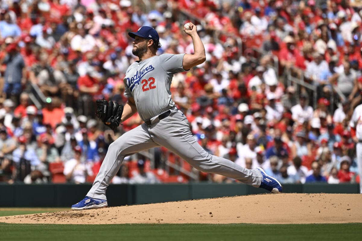 Dodgers starting pitcher Clayton Kershaw delivers during the first inning against the Cardinals on Sunday.