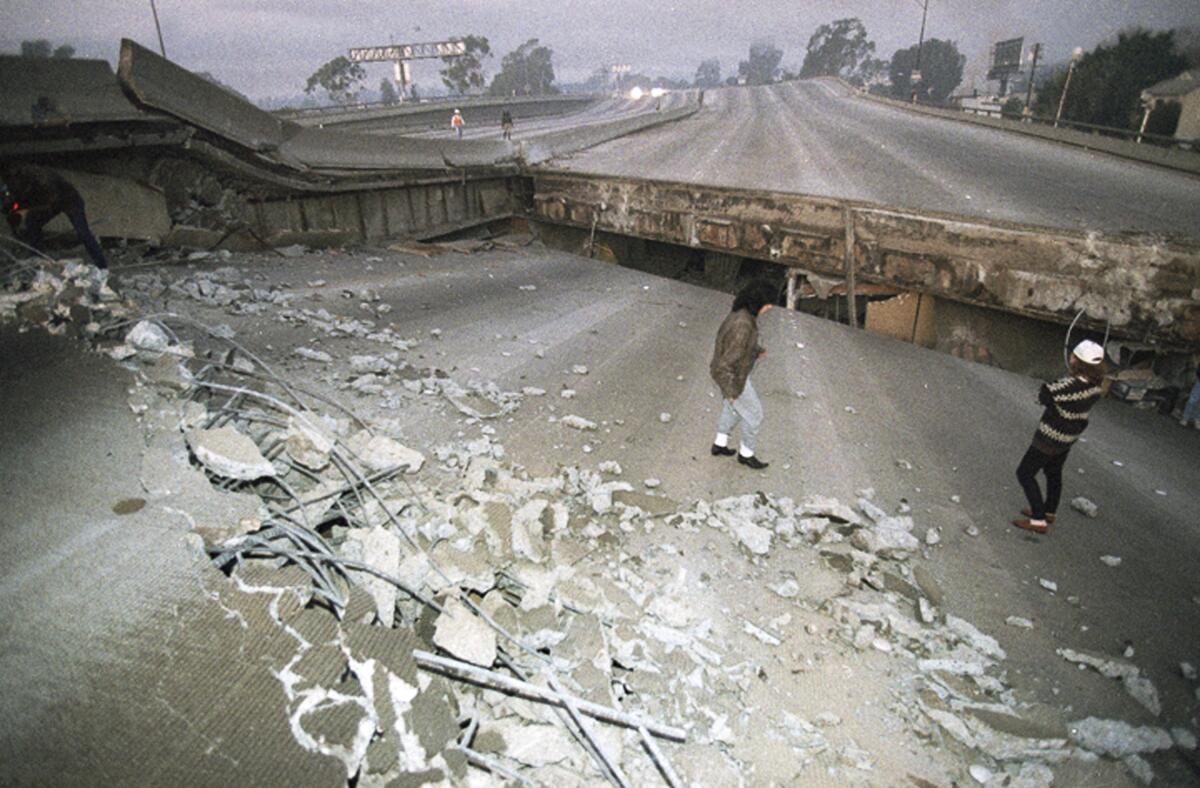 Interstate 10 split and collapsed over La Cienega Boulevard following the Northridge earthquake on Jan. 17, 1994. 