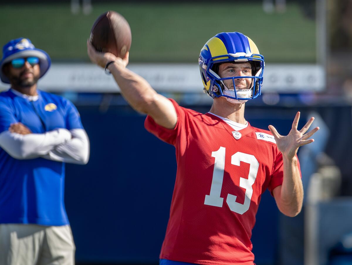  Rams quarterback Stetson Bennett passes the ball during Rams training camp.