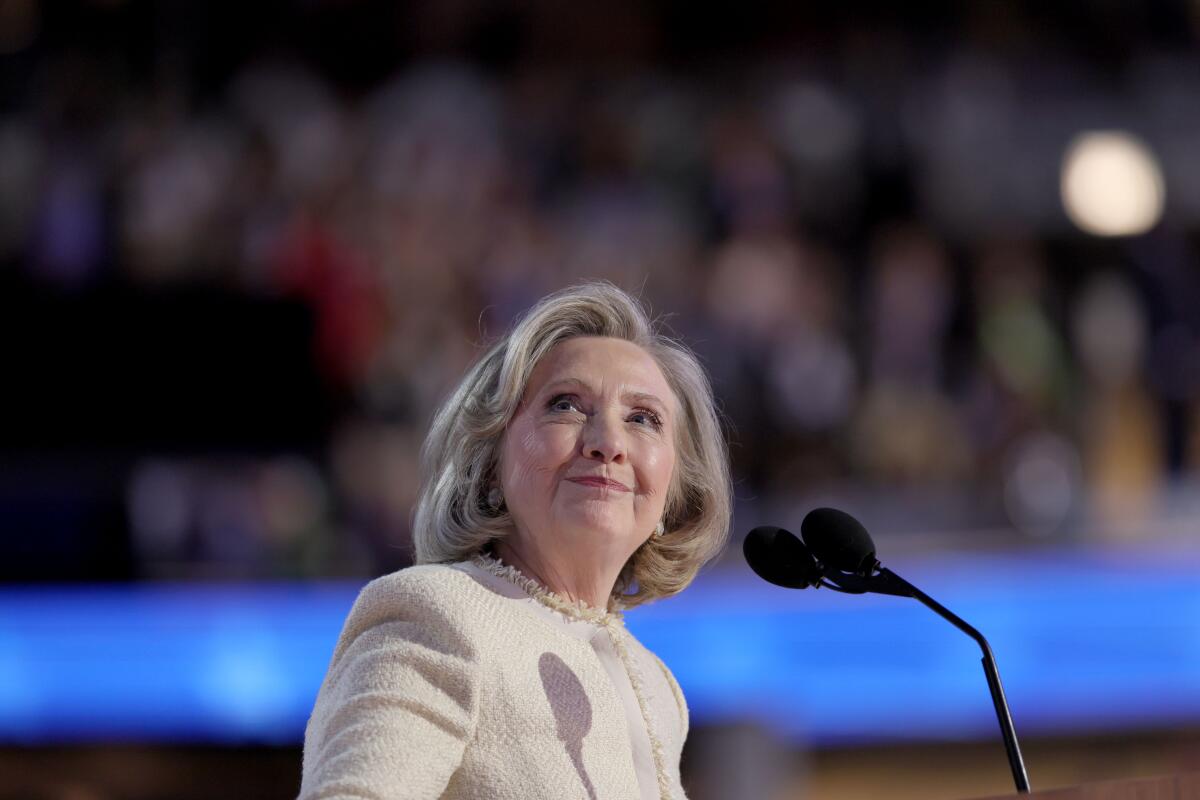 Former Secretary of State Hillary Clinton speaks during the Democratic National Convention in Chicago. 