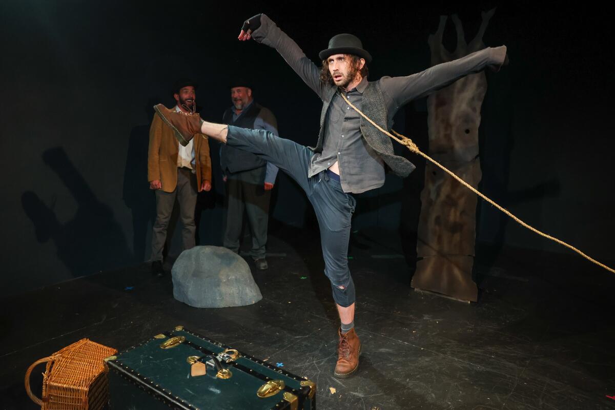 Man in a bowler hat with noose around his neck