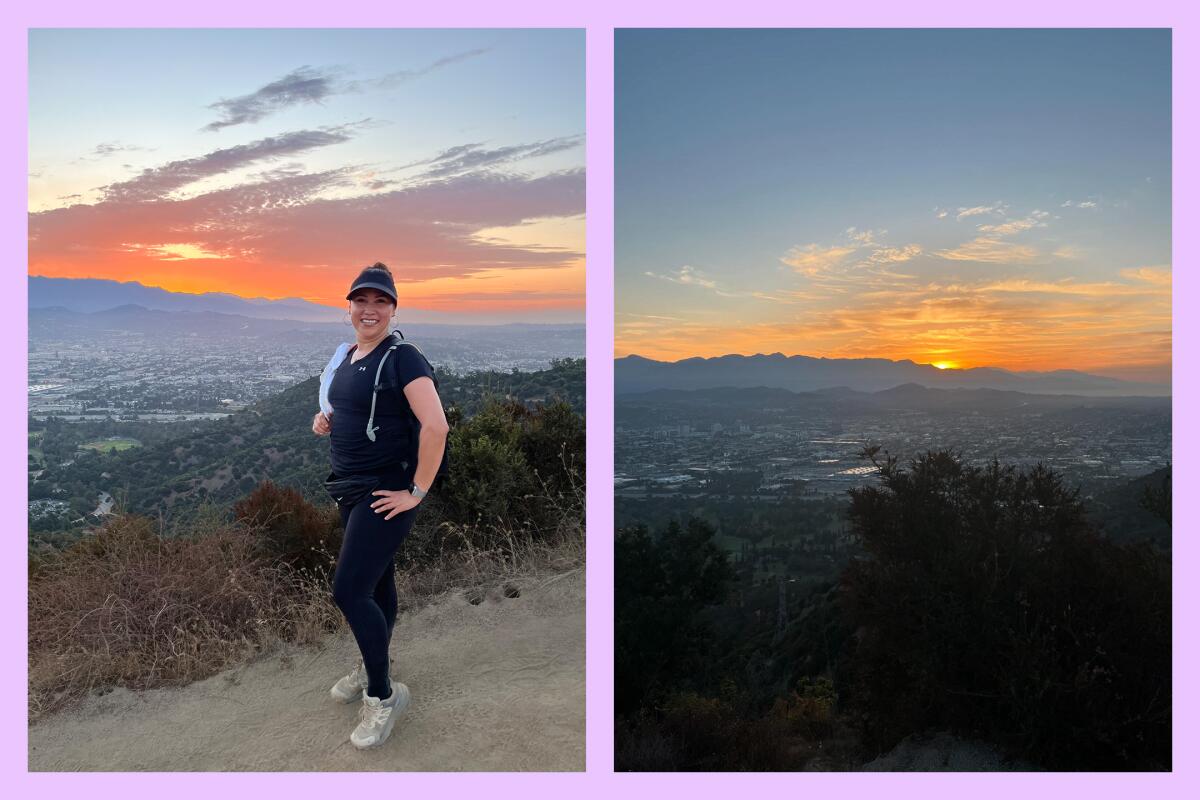 A woman poses with a city and sunrise in the distance; the sun rises over a distant mountain, illuminating a valley below.