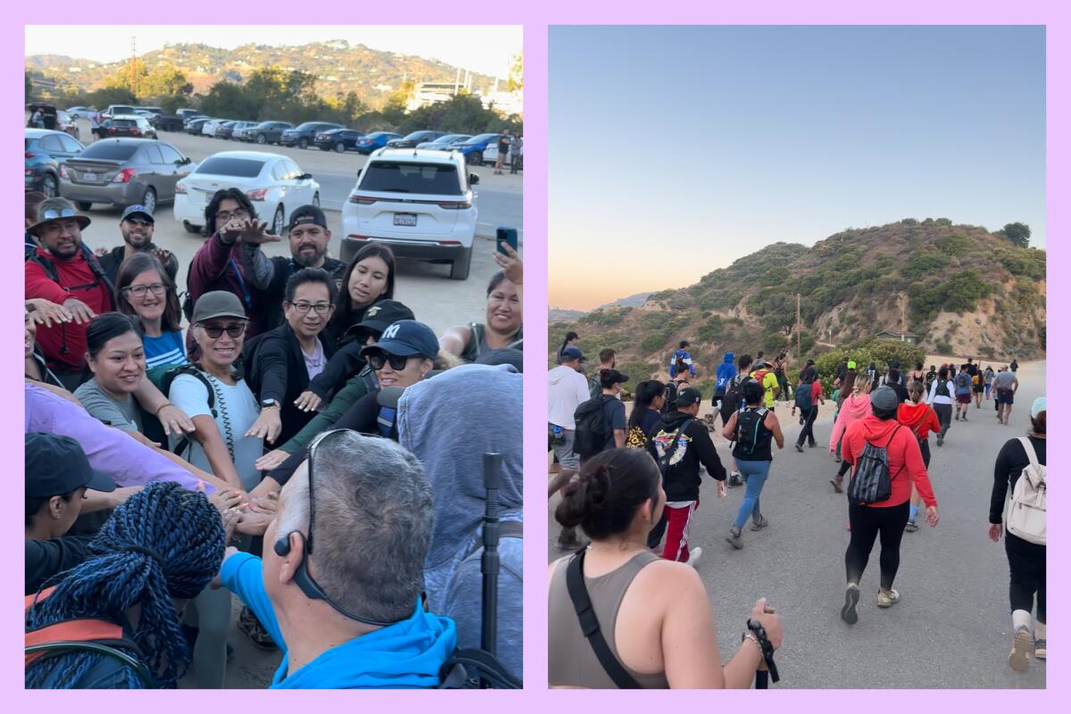 (L) A group gathers their hands together in the center to kickoff their hike; (R) Hikers walk a paved path towards a hilltop.