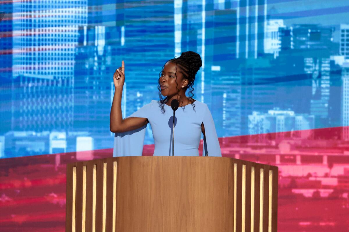 Los Angeles poet Amanda Gorman onstage at the Democratic National Convention in Chicago.