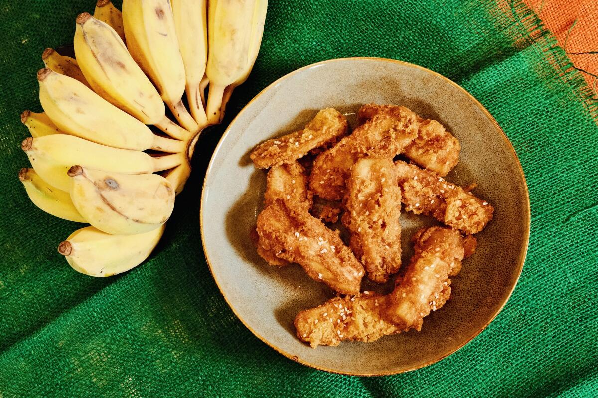 A bowl of chef Justin Pichetrungsi's fried bananas 