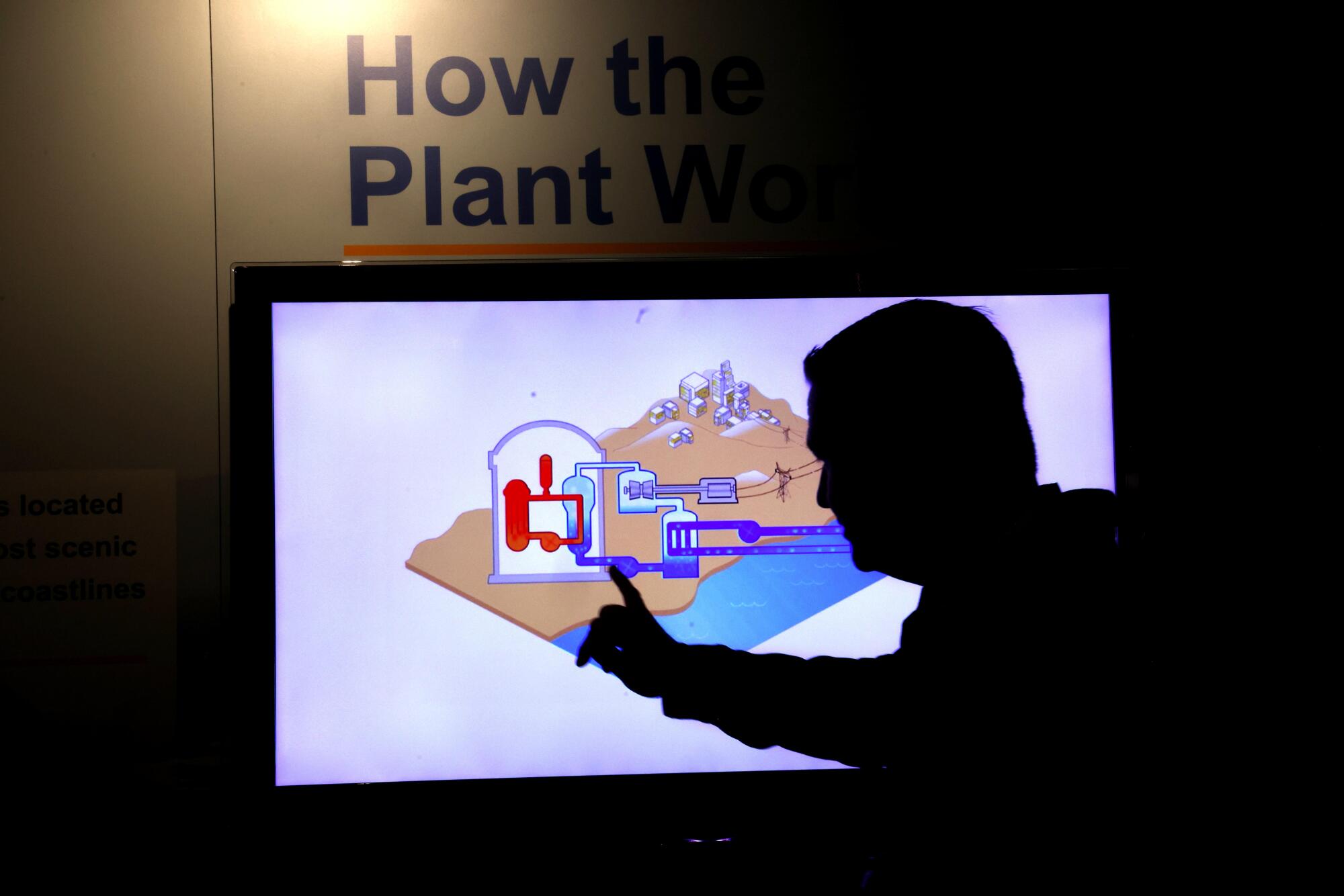 Silhouetted man in front of a display.