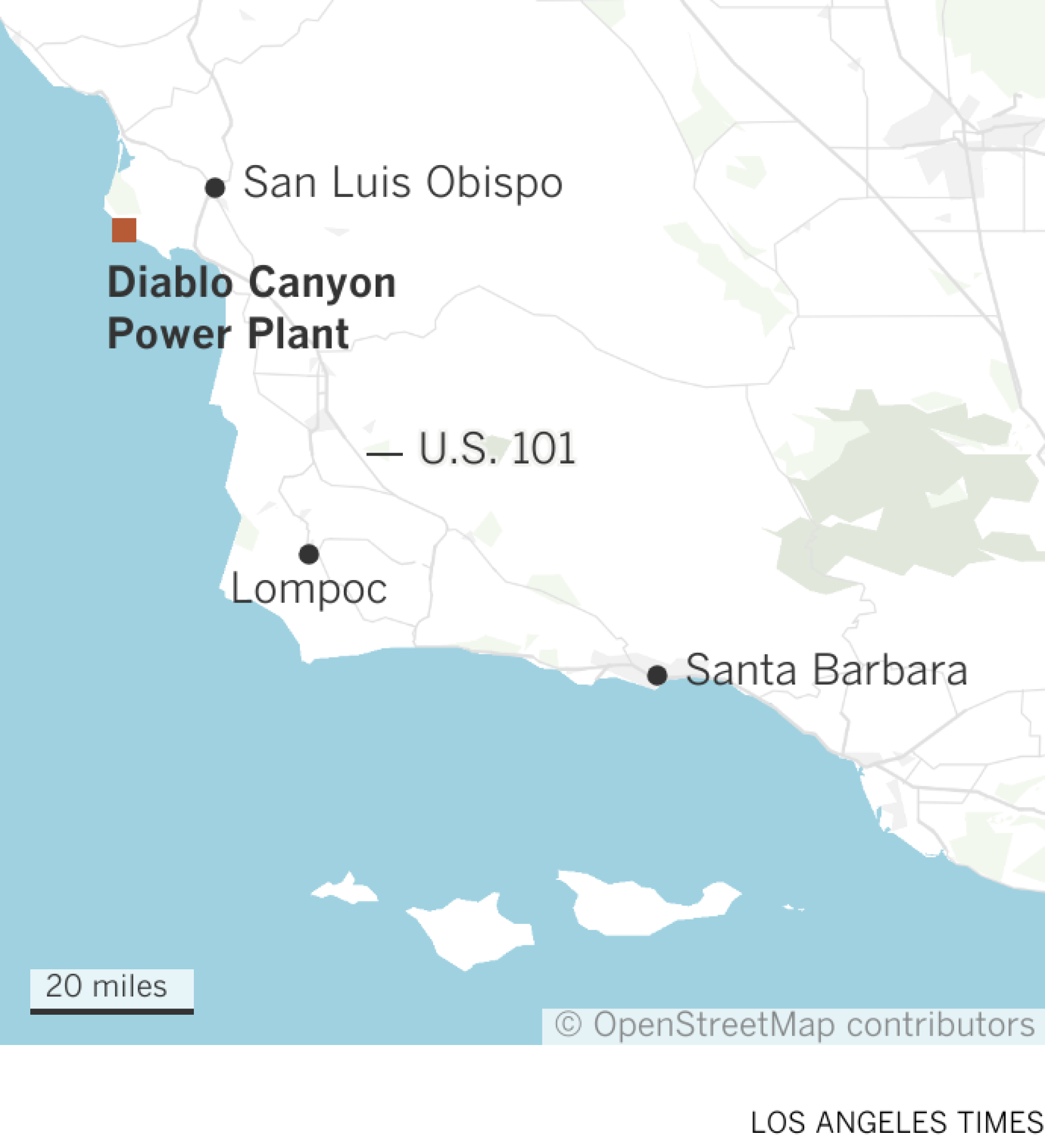 Map shows the location of Diablo Canyon Power Plant southwest of San Luis Obispo