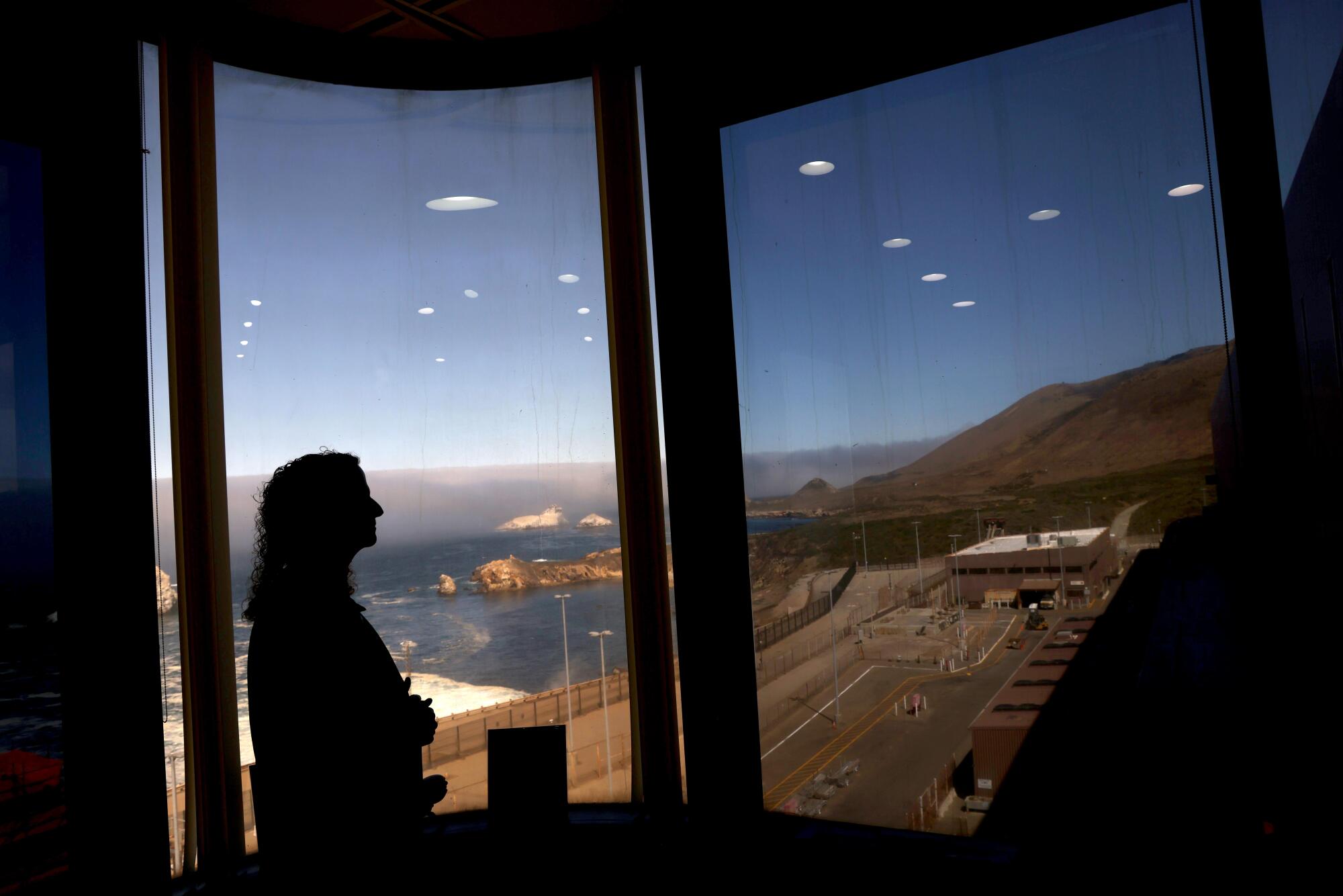 A woman's profile is silhouetted in a picture window that overlooks an industrial site and the ocean. 