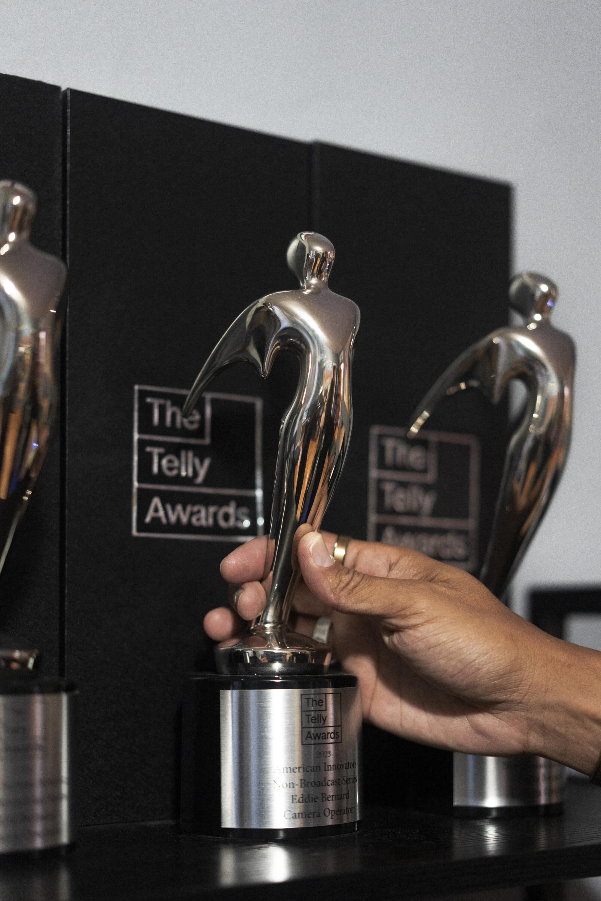 A hand reaching for one of three Telly awards on a shelf.