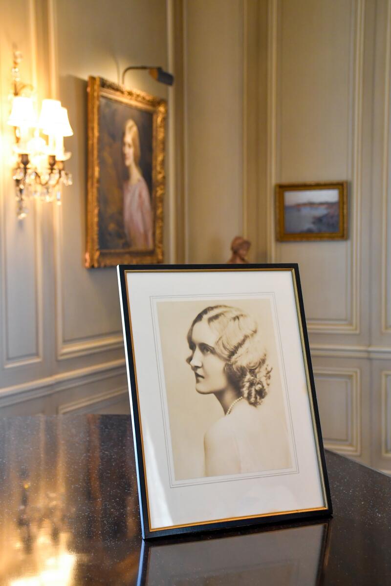 Portraits in the Music room of Santa Barbara's Bellosguardo Estate include a piano-top photograph of heiress Huguette Clark.